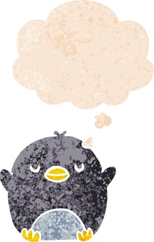 cartoon penguin and thought bubble in retro textured style vector
