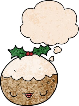 cute cartoon christmas pudding and thought bubble in grunge texture pattern style vector