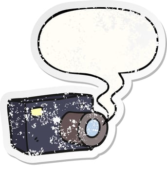 cartoon camera and speech bubble distressed sticker vector