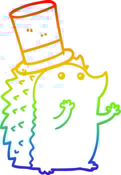 rainbow gradient line drawing cartoon hedgehog wearing hat vector