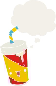 cartoon soda cup and thought bubble in retro style vector