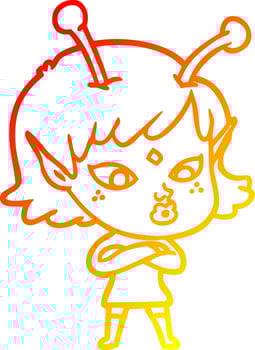 warm gradient line drawing pretty cartoon alien girl vector