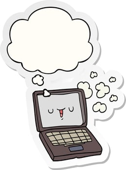 cartoon computer and thought bubble as a printed sticker vector