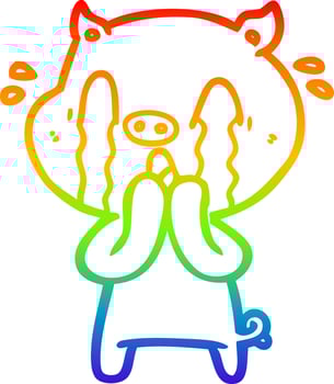 rainbow gradient line drawing crying pig cartoon vector
