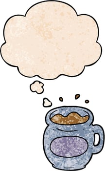 cartoon coffee cup and thought bubble in grunge texture pattern style vector