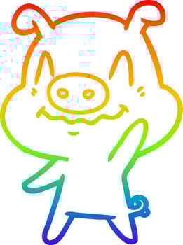rainbow gradient line drawing nervous cartoon pig waving vector