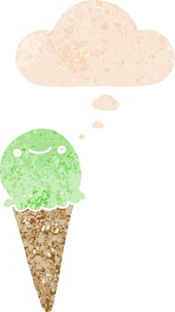 cartoon ice cream and thought bubble in retro textured style vector