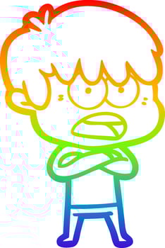 rainbow gradient line drawing worried cartoon boy vector