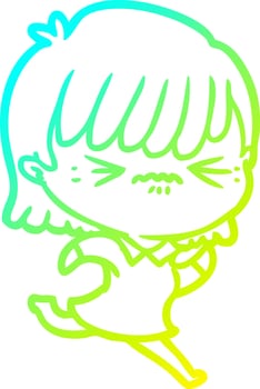 cold gradient line drawing annoyed cartoon girl vector