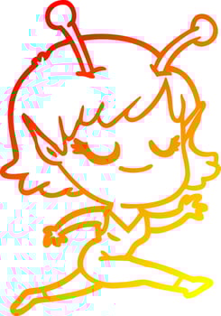 warm gradient line drawing smiling alien girl cartoon running vector