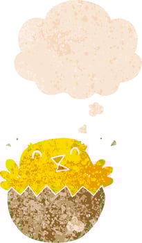 cartoon hatching chick and thought bubble in retro textured style vector