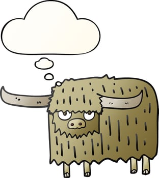 cartoon hairy cow and thought bubble in smooth gradient style vector