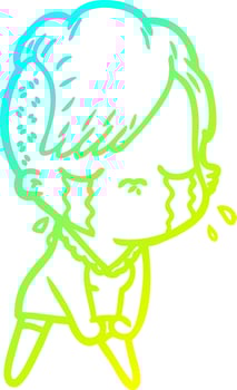 cold gradient line drawing cartoon crying girl vector