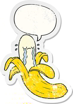cartoon crying banana and speech bubble distressed sticker vector