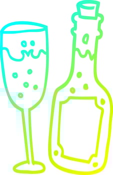 cold gradient line drawing cartoon champagne bottle and glass vector