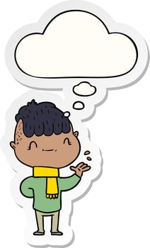 cartoon friendly boy and thought bubble as a printed sticker vector