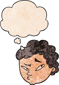 cartoon suspicious man and thought bubble in grunge texture pattern style vector