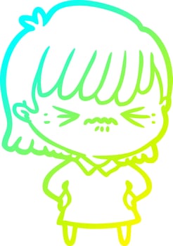 cold gradient line drawing annoyed cartoon girl vector