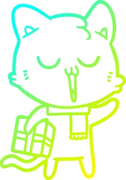 cold gradient line drawing cartoon cat with gift vector