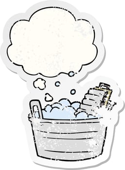 cartoon old washboard and bucket and thought bubble as a distressed worn sticker vector