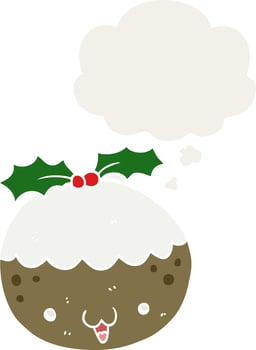 cute cartoon christmas pudding and thought bubble in retro style vector