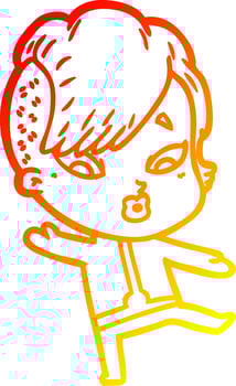 warm gradient line drawing cartoon surprised girl in science fiction clothes vector