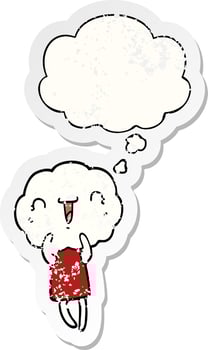 cute cartoon cloud head creature and thought bubble as a distressed worn sticker vector
