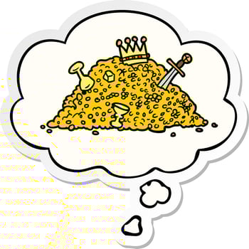 cartoon pile of treasure and thought bubble as a printed sticker vector