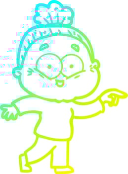 cold gradient line drawing cartoon happy old woman vector