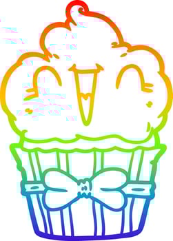 rainbow gradient line drawing happy cartoon cupcake vector