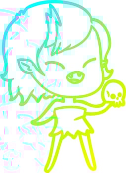cold gradient line drawing cartoon laughing vampire girl with skull vector