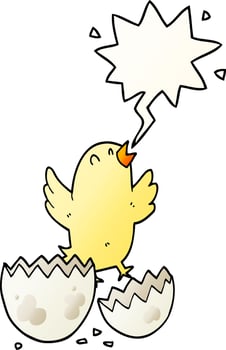 cartoon bird hatching from egg and speech bubble in smooth gradient style vector