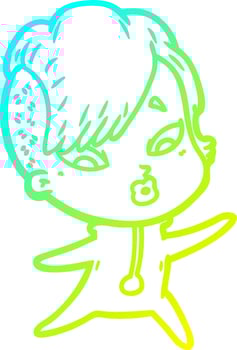 cold gradient line drawing cartoon surprised girl in science fiction clothes vector