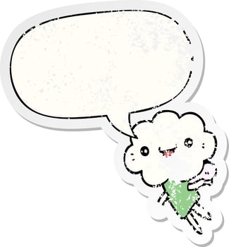cartoon cloud head creature and speech bubble distressed sticker vector