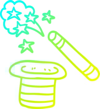 cold gradient line drawing cartoon magicians hat and wand vector
