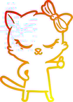 warm gradient line drawing cute cartoon cat with bow vector