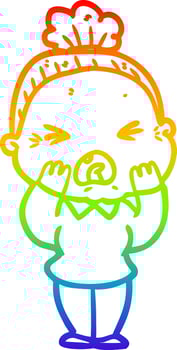 rainbow gradient line drawing cartoon angry old woman vector