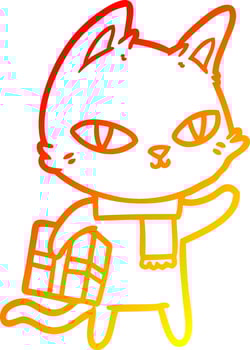 warm gradient line drawing cartoon cat with gift vector