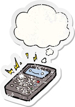 cartoon calculator and thought bubble as a distressed worn sticker vector