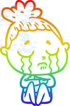 rainbow gradient line drawing cartoon crying woman hugged up vector