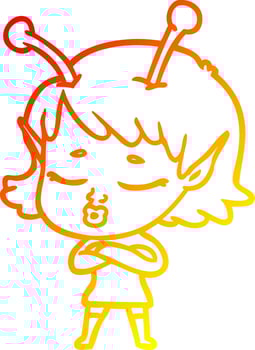 warm gradient line drawing cute alien girl cartoon vector