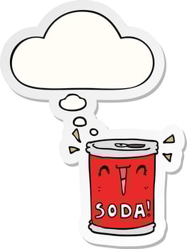 cartoon soda can and thought bubble as a printed sticker vector