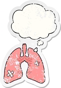 cartoon lungs and thought bubble as a distressed worn sticker vector