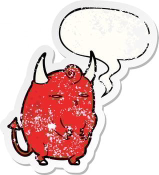 cartoon fat little halloween devil and speech bubble distressed sticker vector