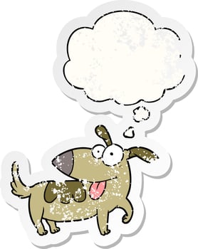 cartoon happy dog and thought bubble as a distressed worn sticker vector