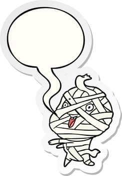 cute cartoon halloween mummy and speech bubble sticker vector