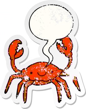 cartoon crab and speech bubble distressed sticker vector