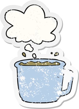 cartoon coffee cup and thought bubble as a distressed worn sticker vector