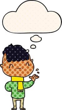 cartoon friendly boy and thought bubble in comic book style vector