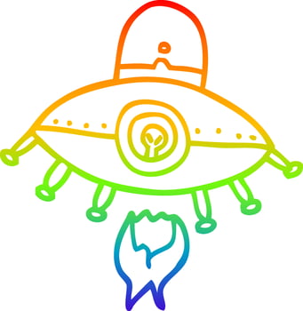 rainbow gradient line drawing cartoon alien spaceship vector